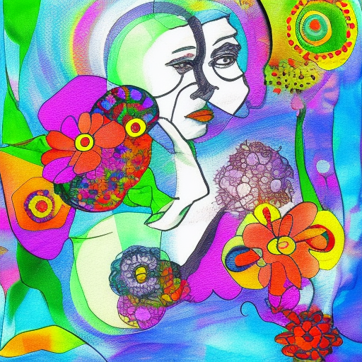 Colorful painting of an abstract face and flowers