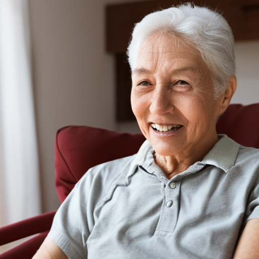 Senior citizen with gray hair and a light gray shirt sitting down, smiling