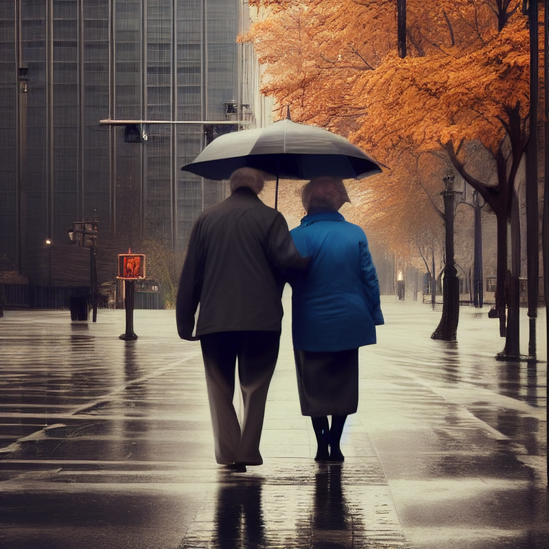 Older Couple Walking in the Rain with an Umbrella