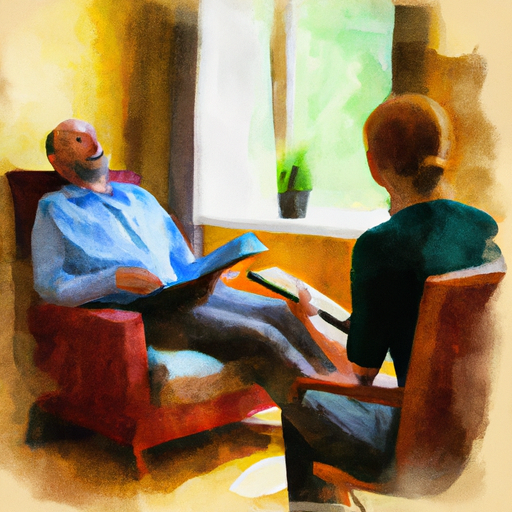 Painting of a man in therapy sitting across from a woman